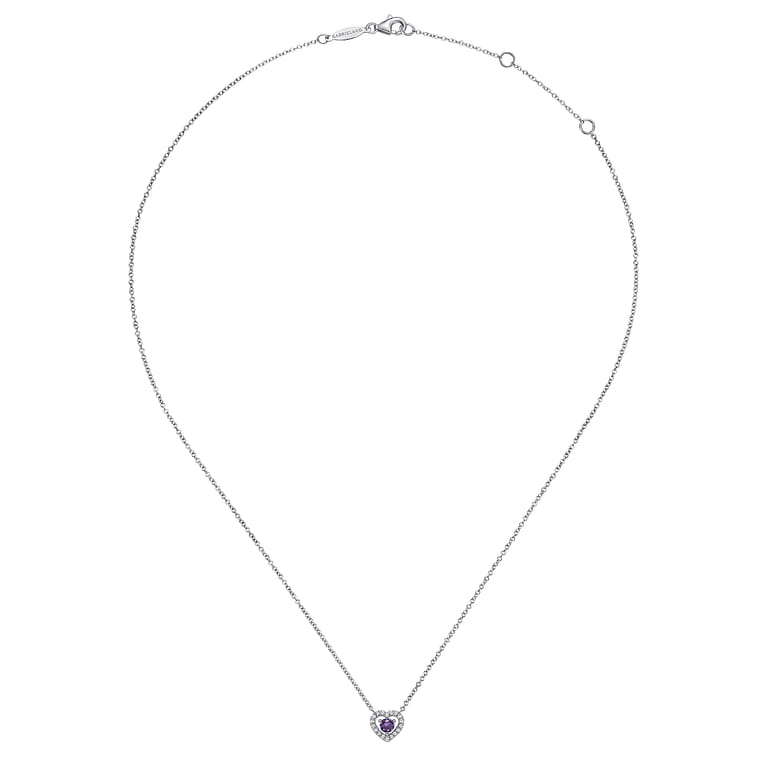 14K White Gold Round Sapphire and Diamond Heart Pendant Necklace - 0.09 ct - Shot 2