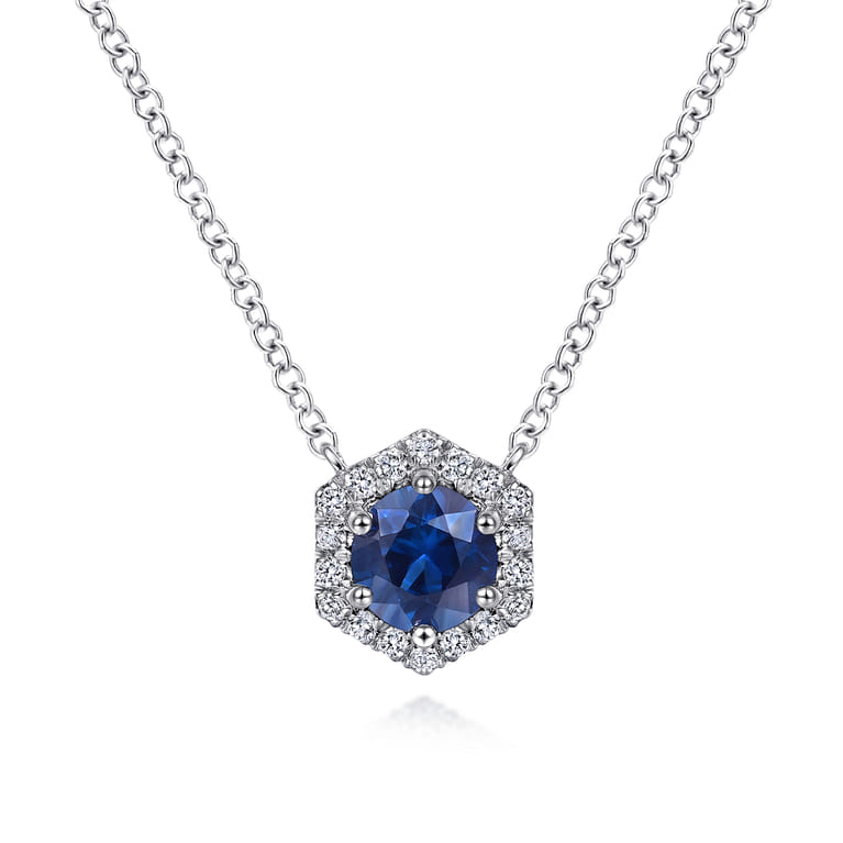 14K White Gold Round Sapphire and Hexagonal Diamond Halo Pendant Necklace - 0.09 ct - Shot 1