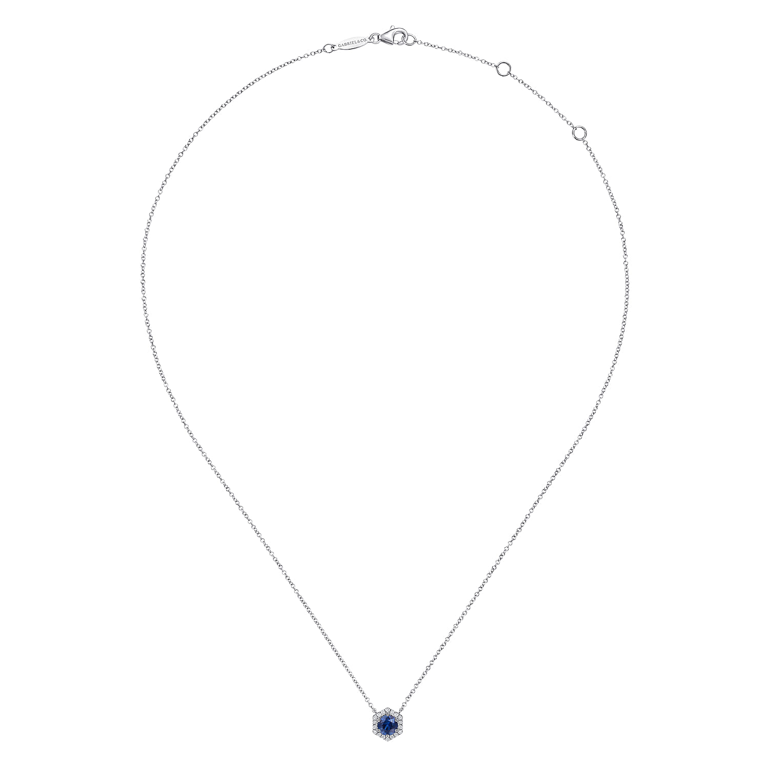 14K White Gold Round Sapphire and Hexagonal Diamond Halo Pendant Necklace - 0.09 ct - Shot 2