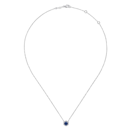14K White Gold Round Sapphire and Hexagonal Diamond Halo Pendant Necklace