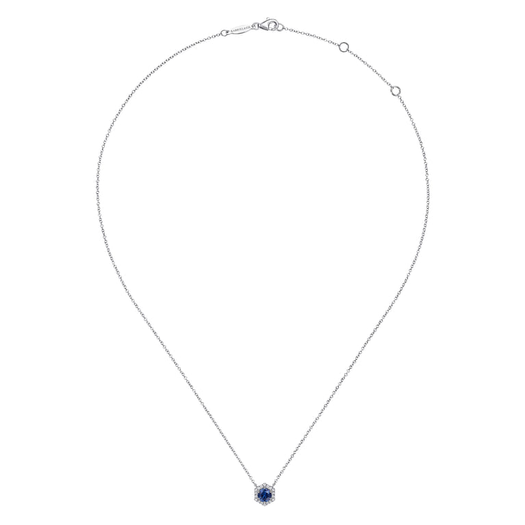 14K White Gold Round Sapphire and Hexagonal Diamond Halo Pendant Necklace - 0.09 ct - Shot 2