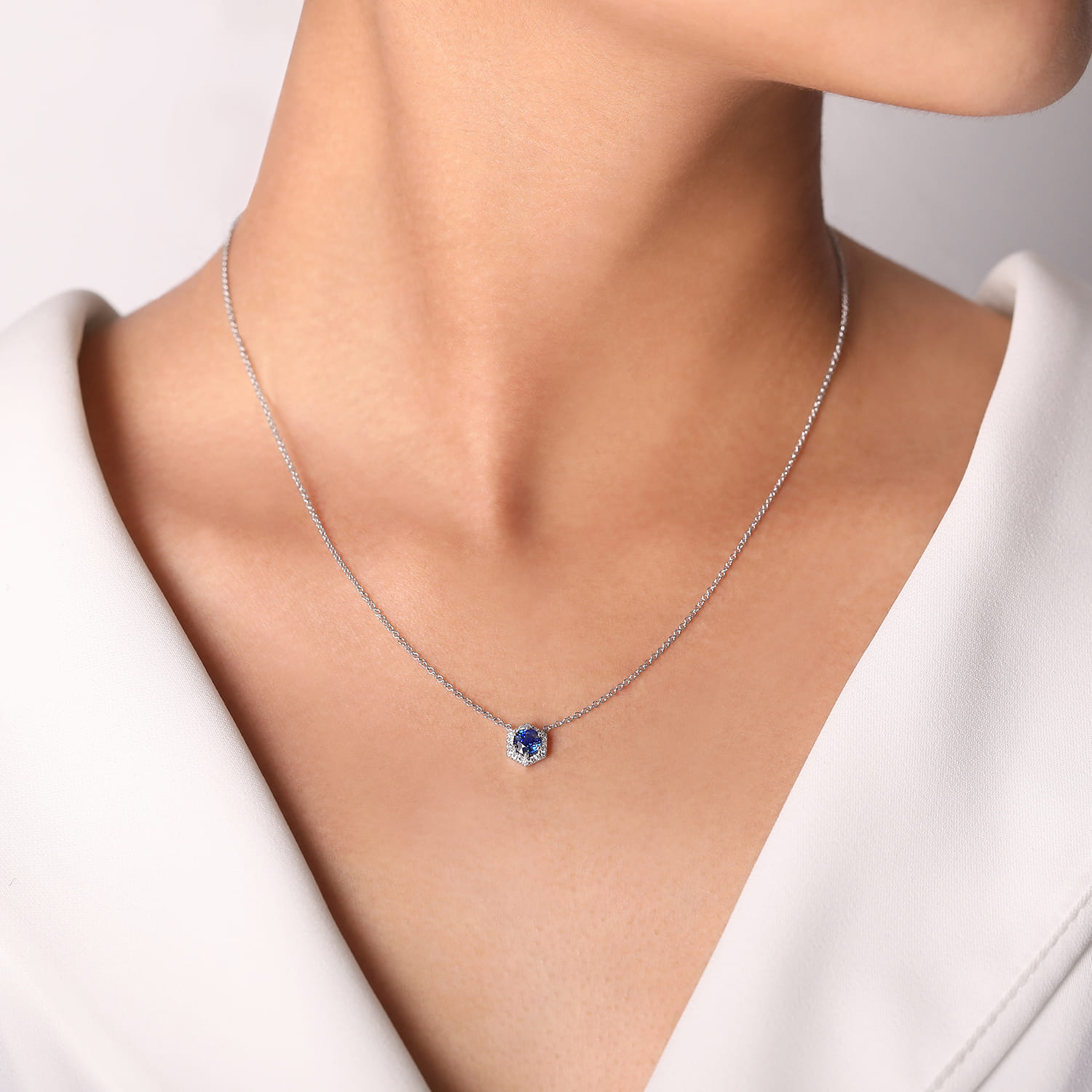14K White Gold Round Sapphire and Hexagonal Diamond Halo Pendant Necklace - 0.09 ct - Shot 3