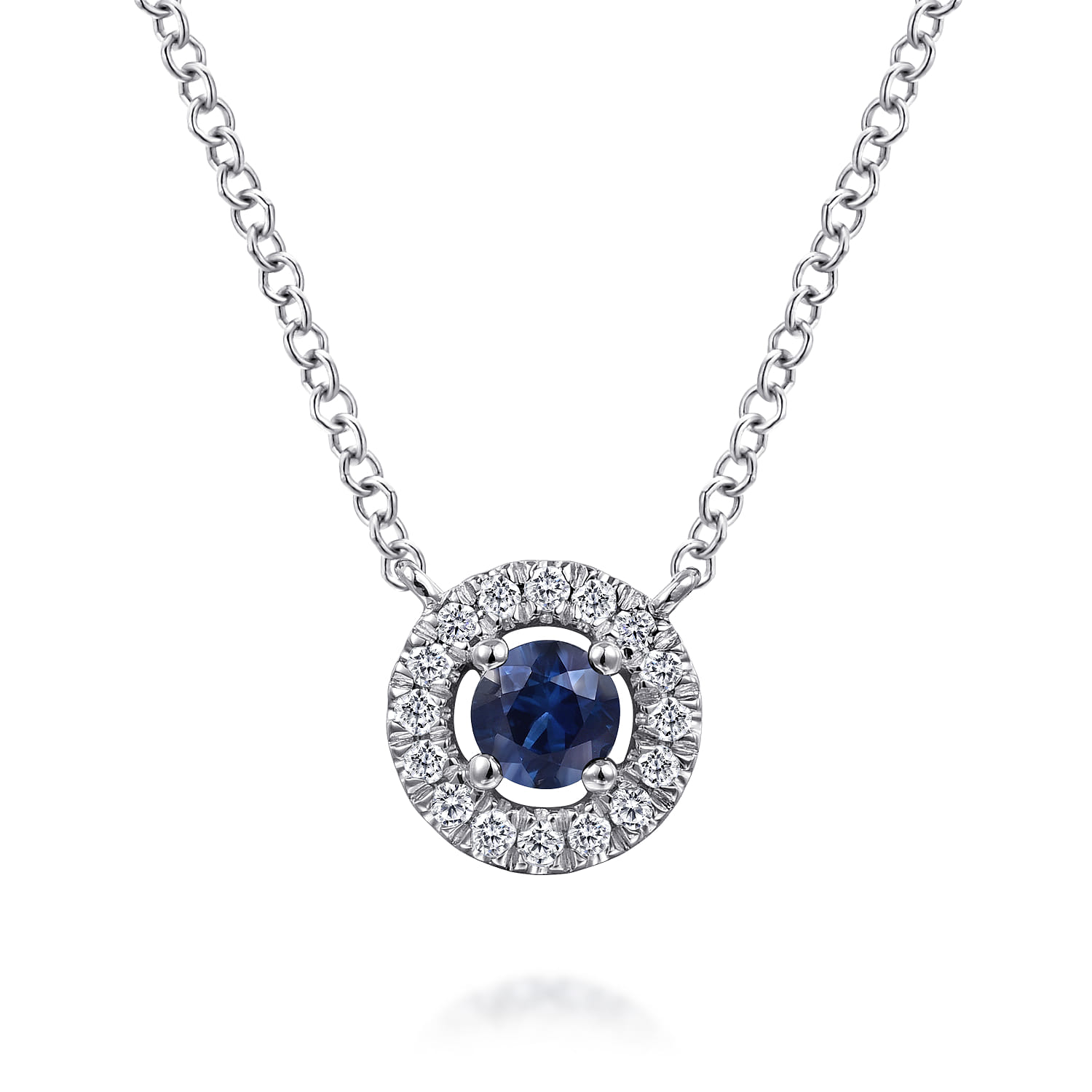 14K White Gold Round Sapphire and Pave Diamond Halo Necklace - 0.08 ct - Shot 1