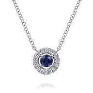 14K White Gold Round Sapphire and Pave Diamond Halo Necklace