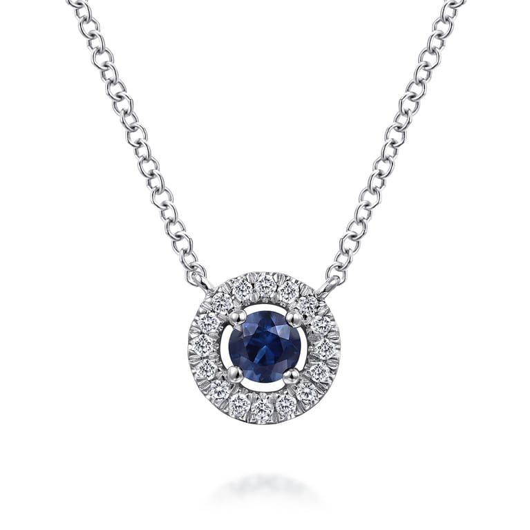 14K White Gold Round Sapphire and Pave Diamond Halo Necklace - 0.08 ct - Shot 1