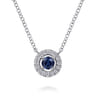 14K White Gold Round Sapphire and Pave Diamond Halo Necklace - 0.08 ct