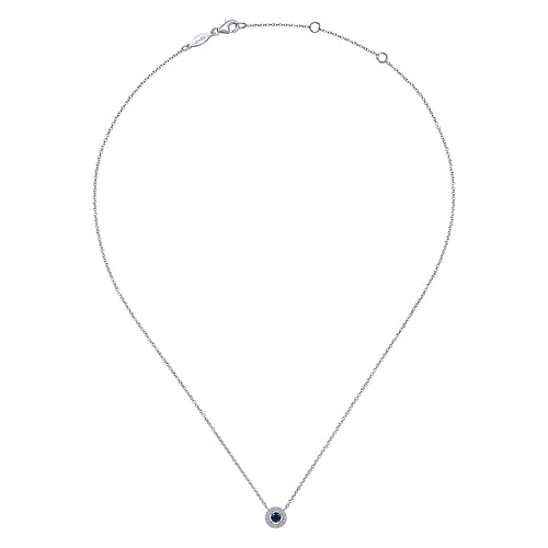 14K White Gold Round Sapphire and Pave Diamond Halo Necklace - 0.08 ct - Shot 2