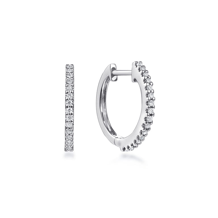 14K White Gold Round Scalloped 15mm Diamond Huggie Earrings - 0.12 ct - Shot 1