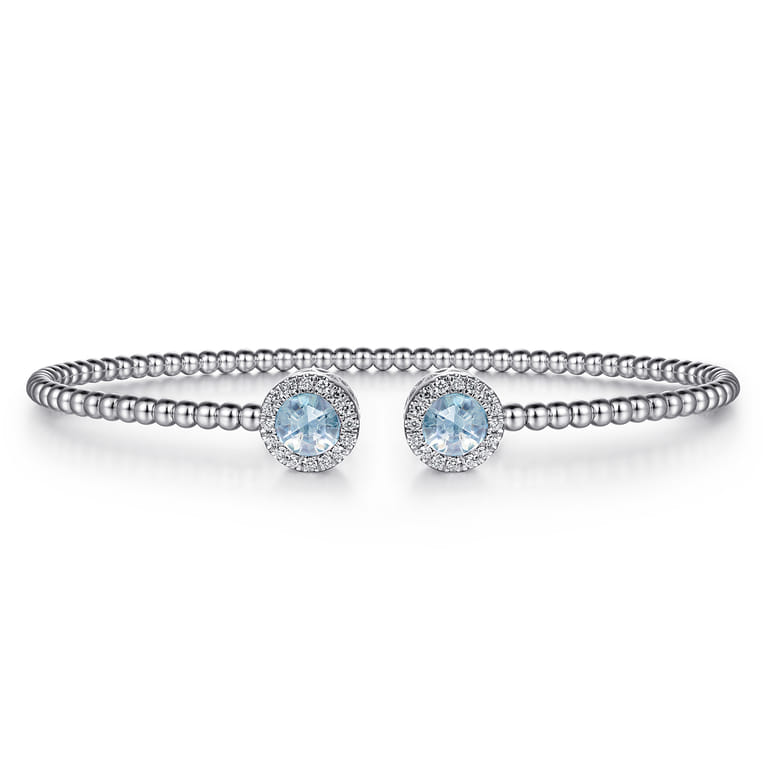 14K White Gold Round Sky Blue Topaz and Diamond Halo Bujukan Bangle - 0.16 ct - Shot 1