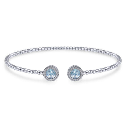 14K White Gold Round Sky Blue Topaz and Diamond Halo Bujukan Bangle