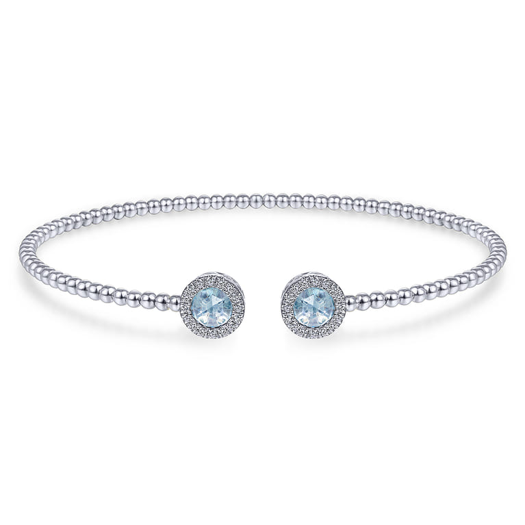 14K White Gold Round Sky Blue Topaz and Diamond Halo Bujukan Bangle - 0.16 ct - Shot 1