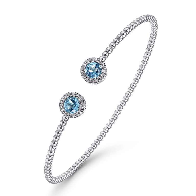 14K White Gold Round Swiss Blue Topaz and Diamond Halo Bujukan Bangle - 0.16 ct - Shot 2