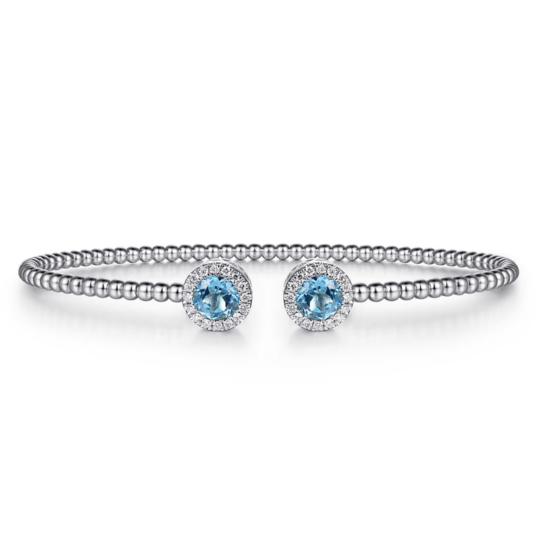14K White Gold Round Swiss Blue Topaz and Diamond Halo Bujukan Bangle - 0.16 ct - Shot 1