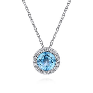 14K White Gold Round Swiss Blue Topaz and Diamond Halo Pendant Necklace