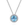 14K White Gold Round Swiss Blue Topaz and Diamond Halo Pendant Necklace - 0.06 ct
