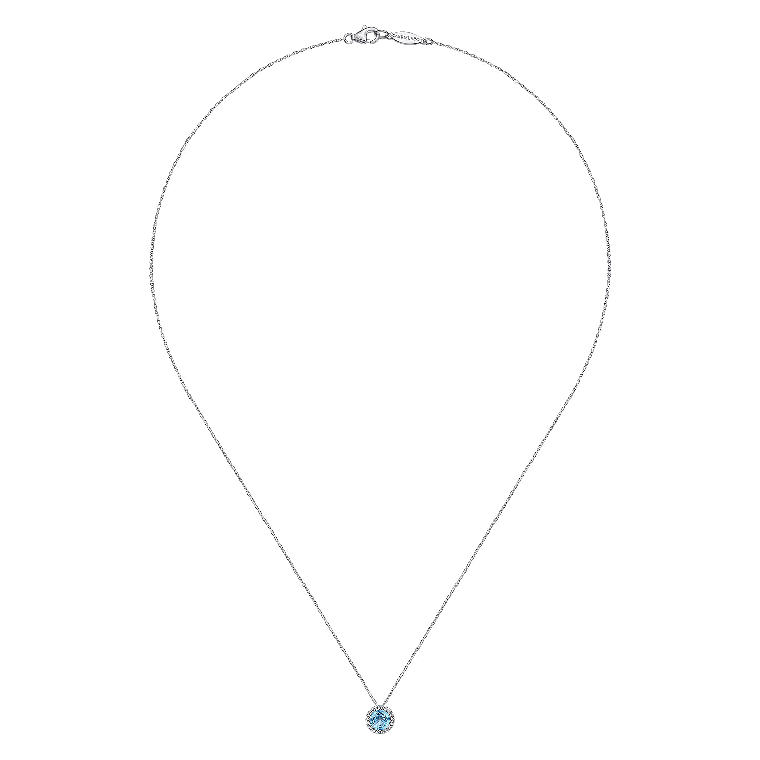 14K White Gold Round Swiss Blue Topaz and Diamond Halo Pendant Necklace