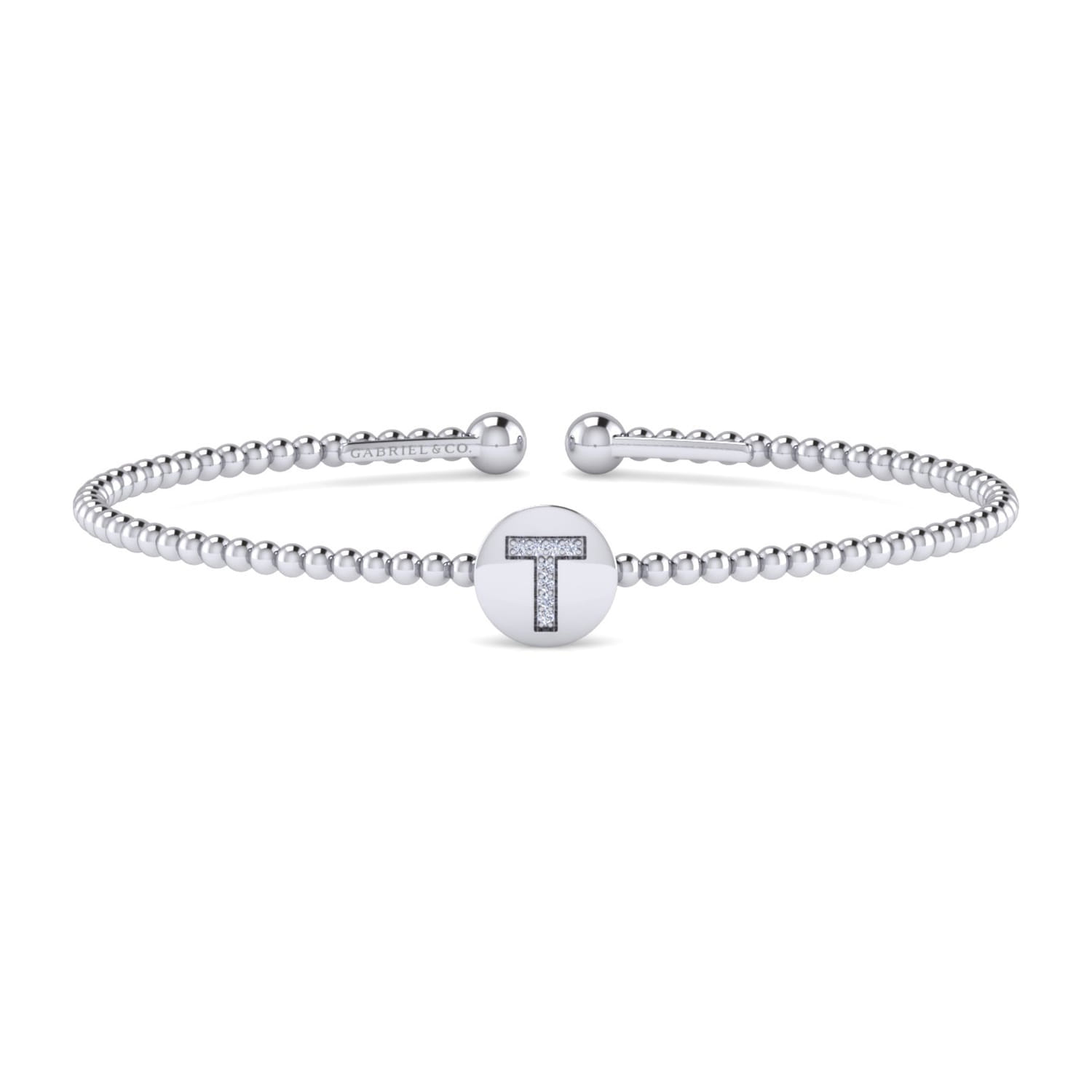 14K White Gold Round T Initial Diamond Bujukan Cuff Bracelet - 0.03 ct - Shot 1