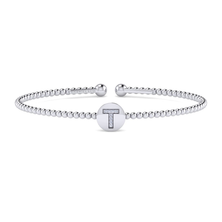 14K White Gold Round T Initial Diamond Bujukan Cuff Bracelet - 0.03 ct - Shot 1