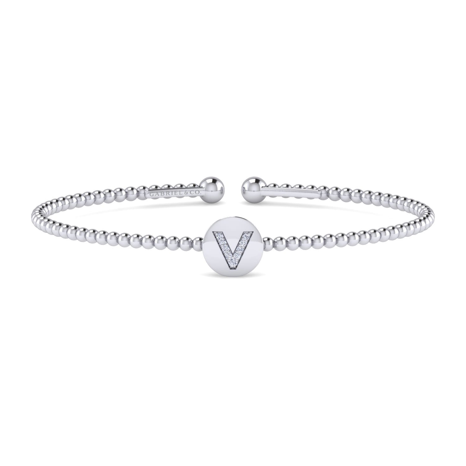 14K White Gold Round V Initial Diamond Bujukan Cuff Bracelet - 0.04 ct - Shot 1