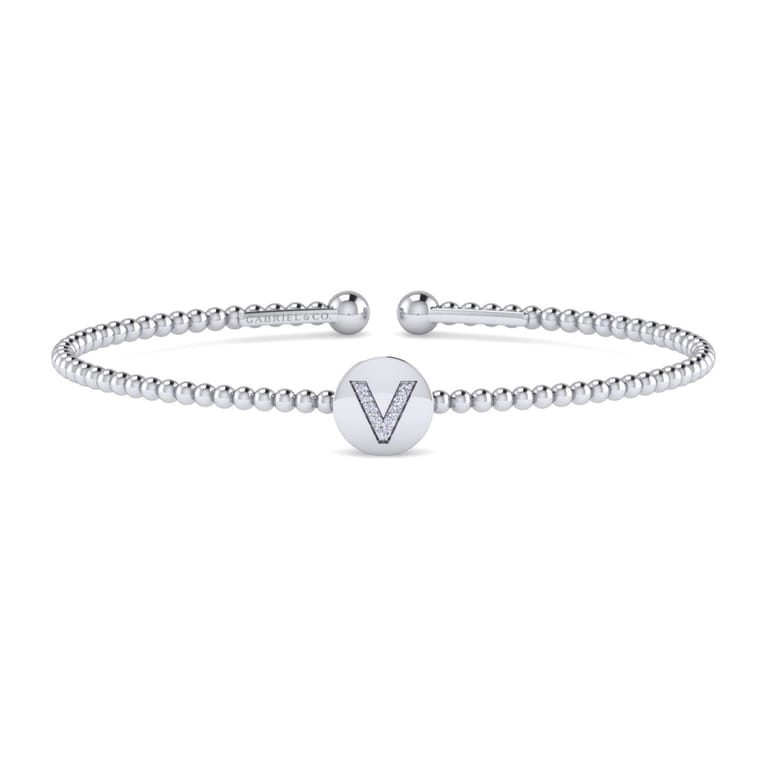 14K White Gold Round V Initial Diamond Bujukan Cuff Bracelet - 0.04 ct - Shot 1