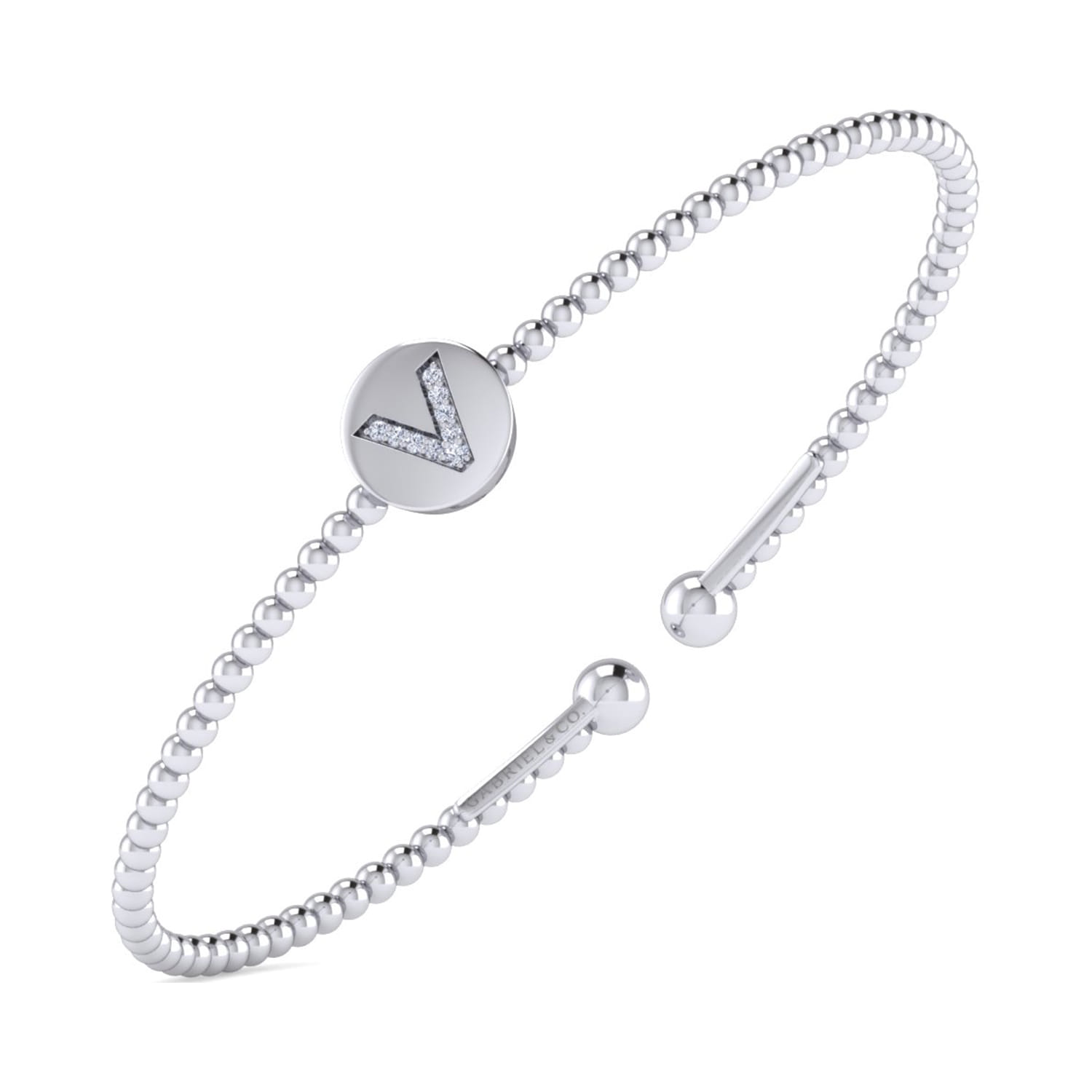 14K White Gold Round V Initial Diamond Bujukan Cuff Bracelet - 0.04 ct - Shot 2