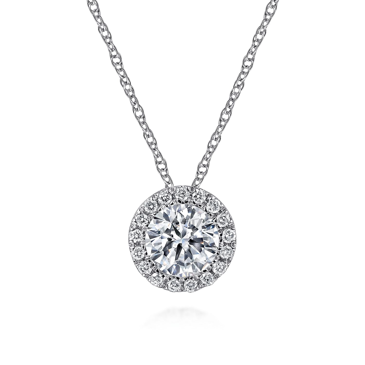 14K White Gold Round White Sapphire and Diamond Halo Necklace 4mm white sapphire center stone 725. Shop Necklaces Gabriel Co