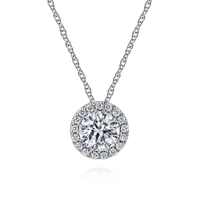 14K White Gold Round White Sapphire and Diamond Halo Necklace 4mm white sapphire center stone