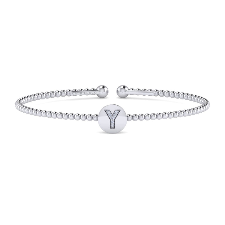14K White Gold Round Y Initial Diamond Bujukan Cuff Bracelet - 0.03 ct - Shot 1