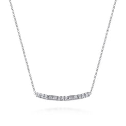 14K White Gold Round and Baguette Diamond Curved Bar Necklace
