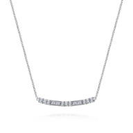 14K White Gold Round and Baguette Diamond Curved Bar Necklace
