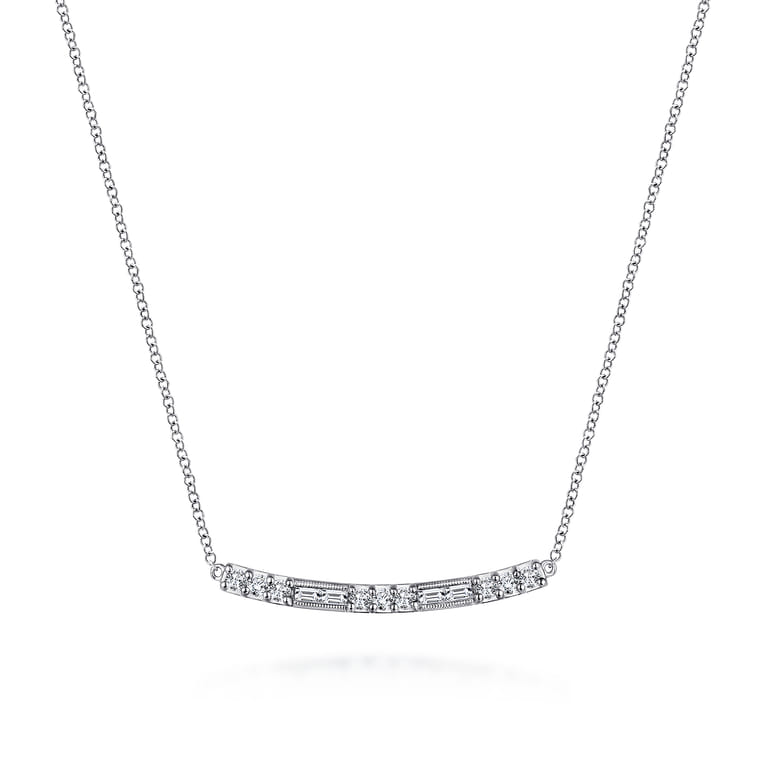 14K White Gold Round and Baguette Diamond Curved Bar Necklace - 0.45 ct - Shot 1