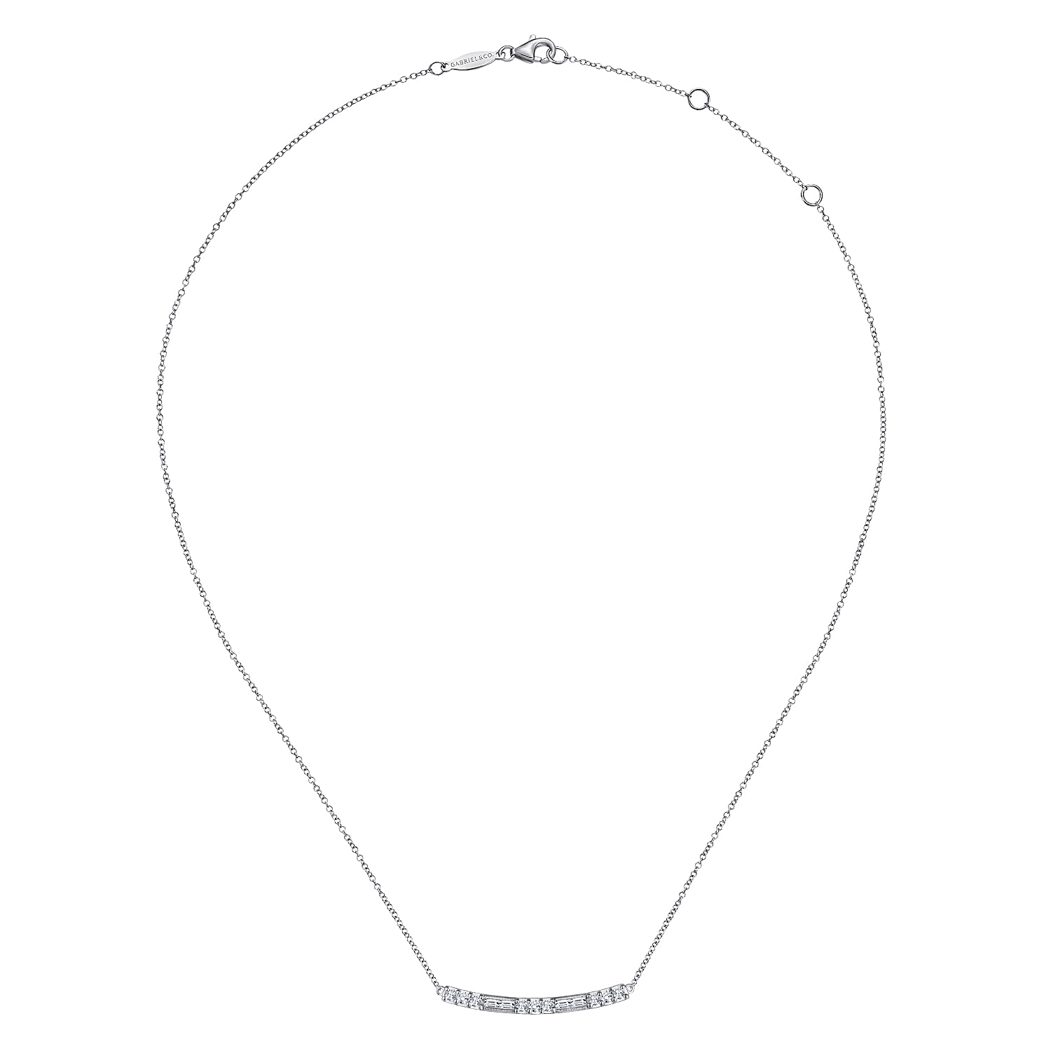 14K White Gold Round and Baguette Diamond Curved Bar Necklace