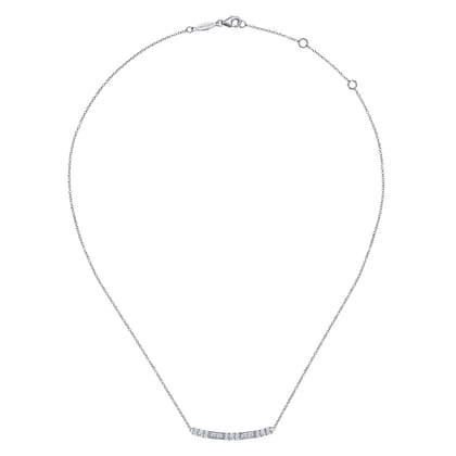 14K White Gold Round and Baguette Diamond Curved Bar Necklace