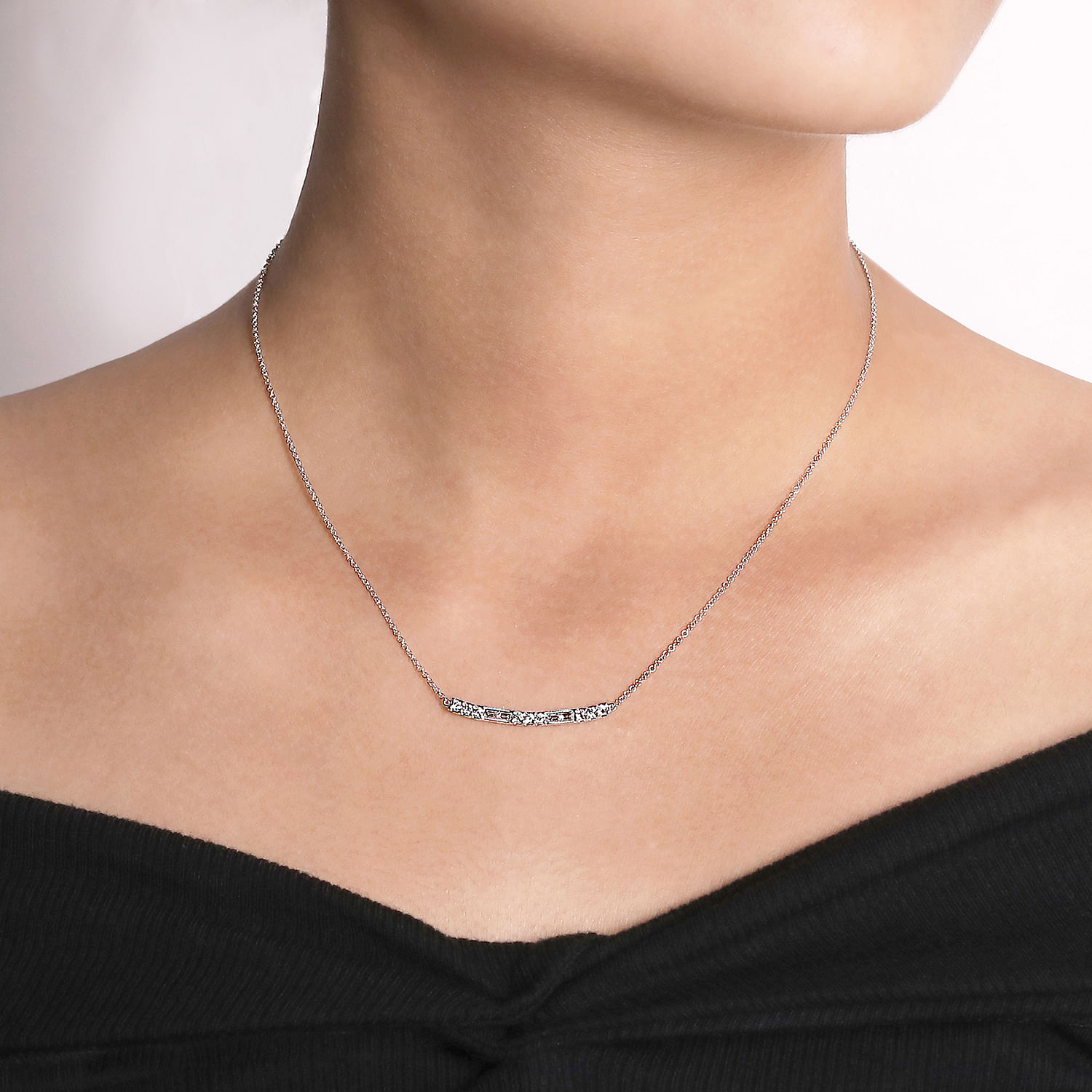 14K White Gold Round and Baguette Diamond Curved Bar Necklace