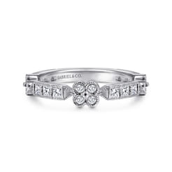 14K White Gold Round and Princess Cut Diamond Stations Anniversary Band with Milgrain
