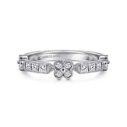 14K White Gold Round and Princess Cut Diamond Stations Anniversary Band with Milgrain
