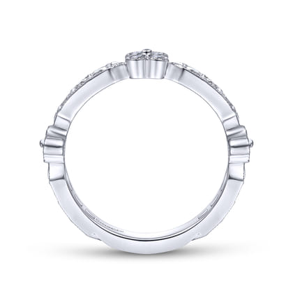 14K White Gold Round and Princess Cut Diamond Stations Anniversary Band with Milgrain