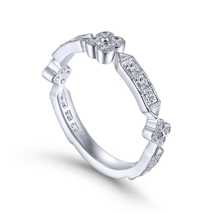 14K White Gold Round and Princess Cut Diamond Stations Anniversary Band with Milgrain