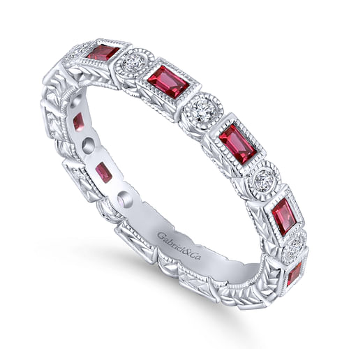14K White Gold Ruby Baguette and Diamond Round Eternity Ring - Shot 3