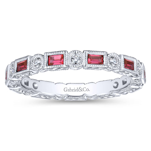 14K White Gold Ruby Baguette and Diamond Round Eternity Ring - Shot 4