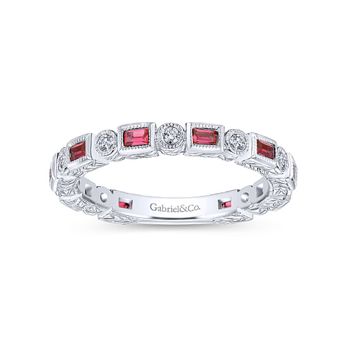 14K White Gold Ruby Baguette and Diamond Round Stackable Ring - 0.14 ct - Shot 4