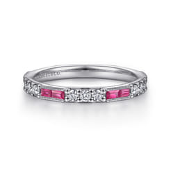 14K White Gold Ruby Baguette and Diamond Stackable Ring