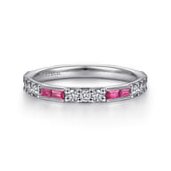 14K White Gold Ruby Baguette and Diamond Stackable Ring