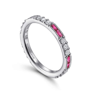 14K White Gold Ruby Baguette and Diamond Stackable Ring