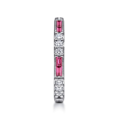 14K White Gold Ruby Baguette and Diamond Stackable Ring