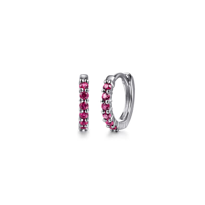 14K White Gold Ruby Huggie Earrings