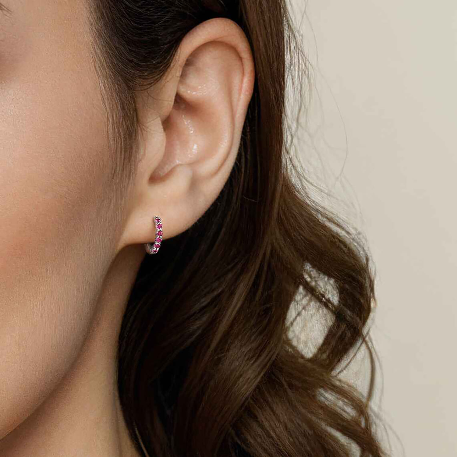 14K White Gold Ruby Huggie Earrings - Shot 2