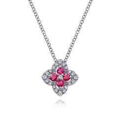 14K White Gold Ruby and Diamond Clover Pendant Necklace