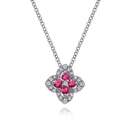14K White Gold Ruby and Diamond Clover Pendant Necklace