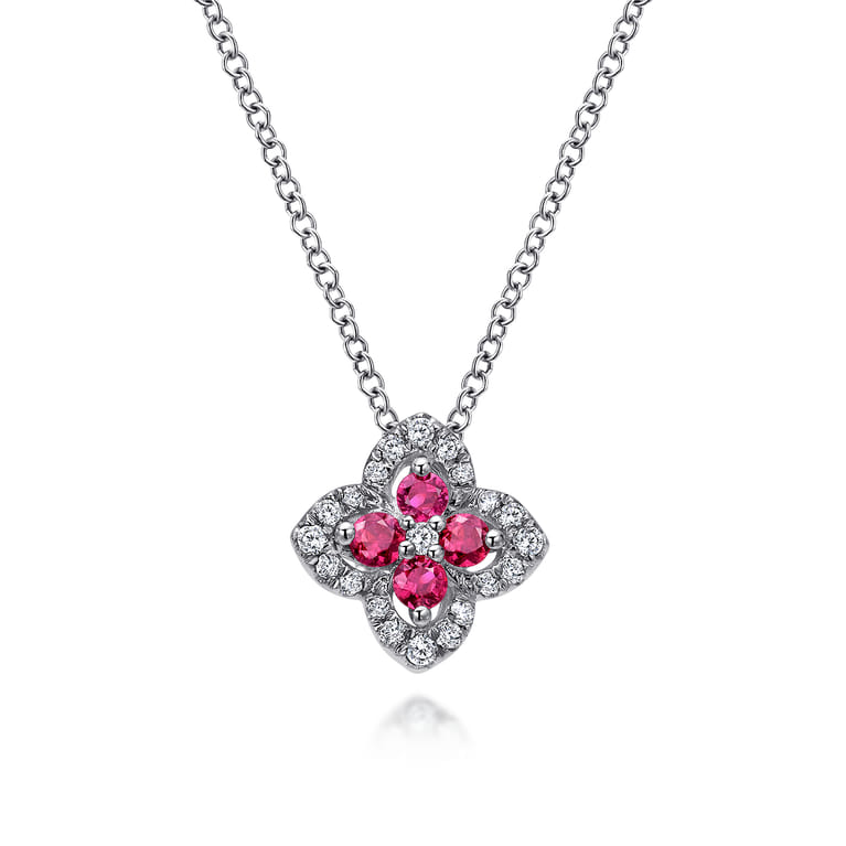 14K White Gold Ruby and Diamond Clover Pendant Necklace - 0.09 ct - Shot 1